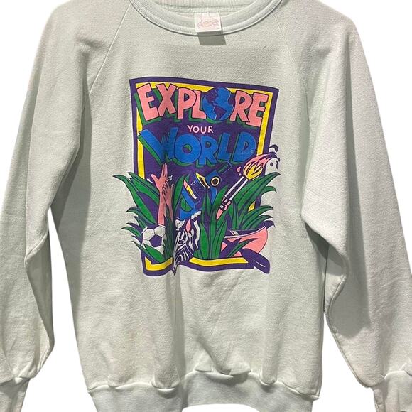 Vintage 90s Explore Your World Mint Green Crewneck Adult Medium - Picture 1 of 3